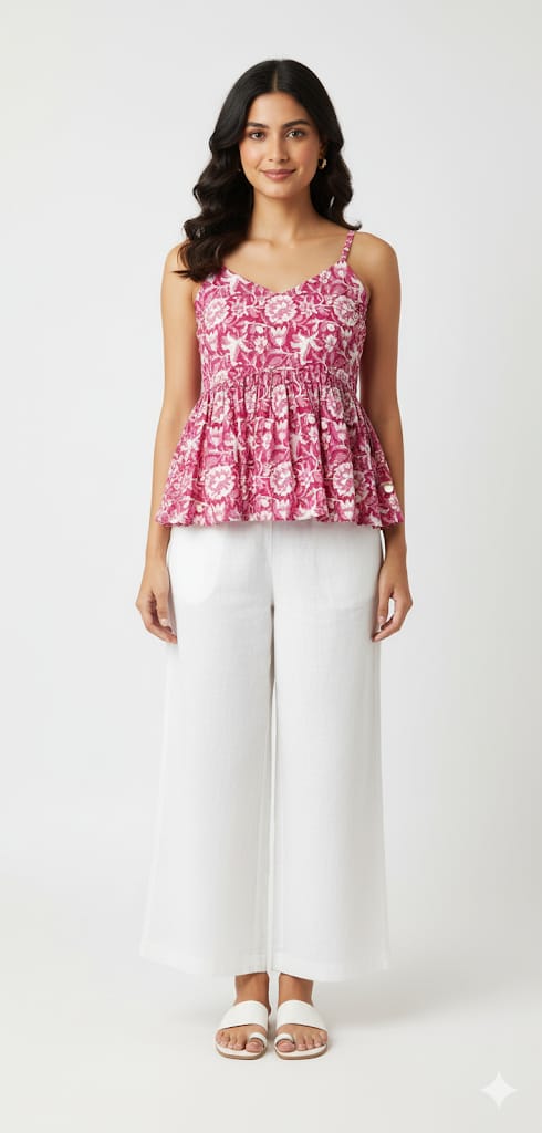 Kapdu Pure Cotton Pink Floral Strap Top