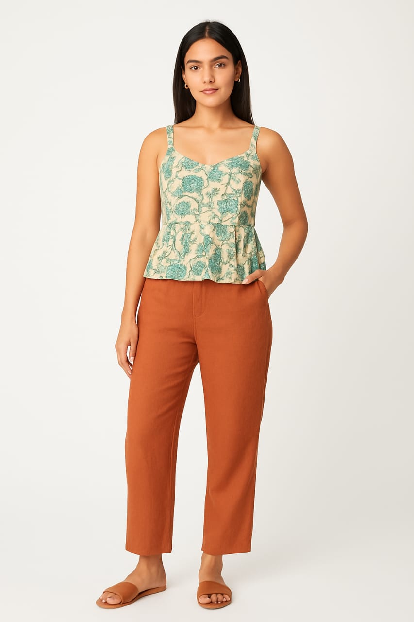 Kapdu Pure Cotton White with Teal Floral Strap Top