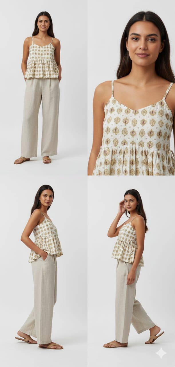 Kapdu Pure Cotton  Off White with Red Motif Strap Top