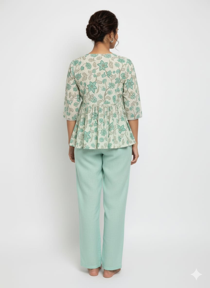 Kapdu Pure Cotton White With Teal Floral  Anghrakha Peplum Top