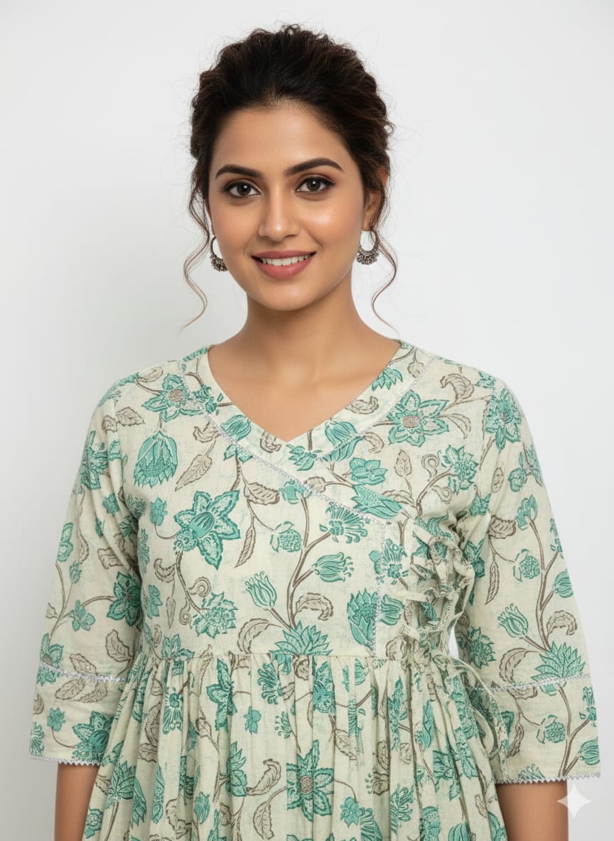 Kapdu Pure Cotton White With Teal Floral  Anghrakha Peplum Top