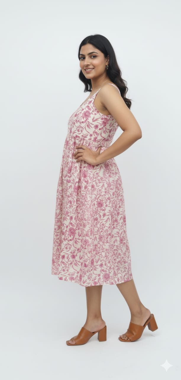 Kapdu Pure Cotton Sleeveless Off white With Pink Floral Dress