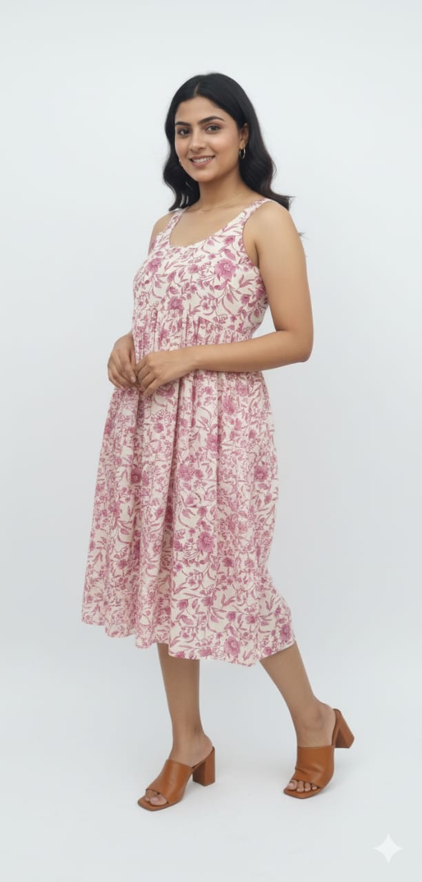 Kapdu Pure Cotton Sleeveless Off white With Pink Floral Dress