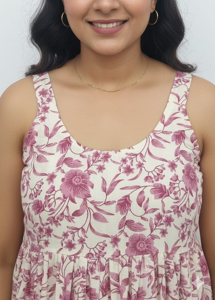 Kapdu Pure Cotton Sleeveless Off white With Pink Floral Dress