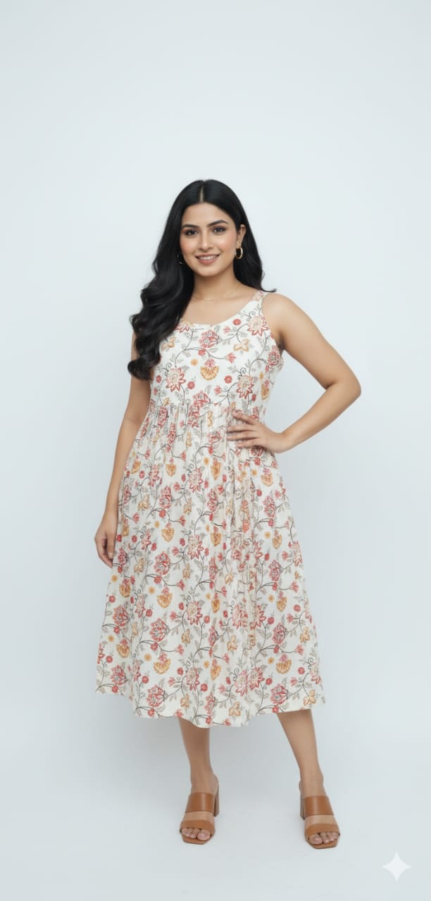 Kapdu Pure Cotton Sleeveless Off White  Dress