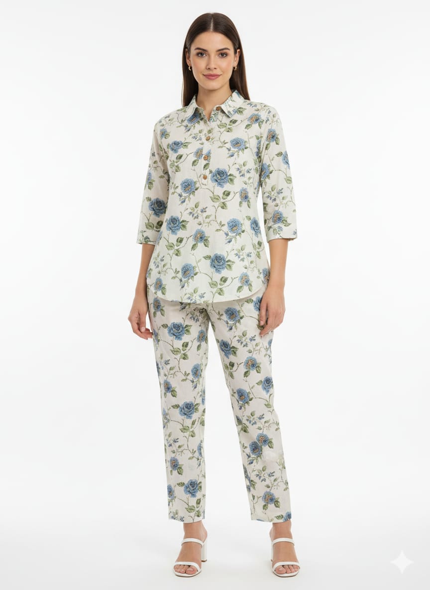 Kapdu Pure Cotton  Blue Floral Off white Co-Ord set
