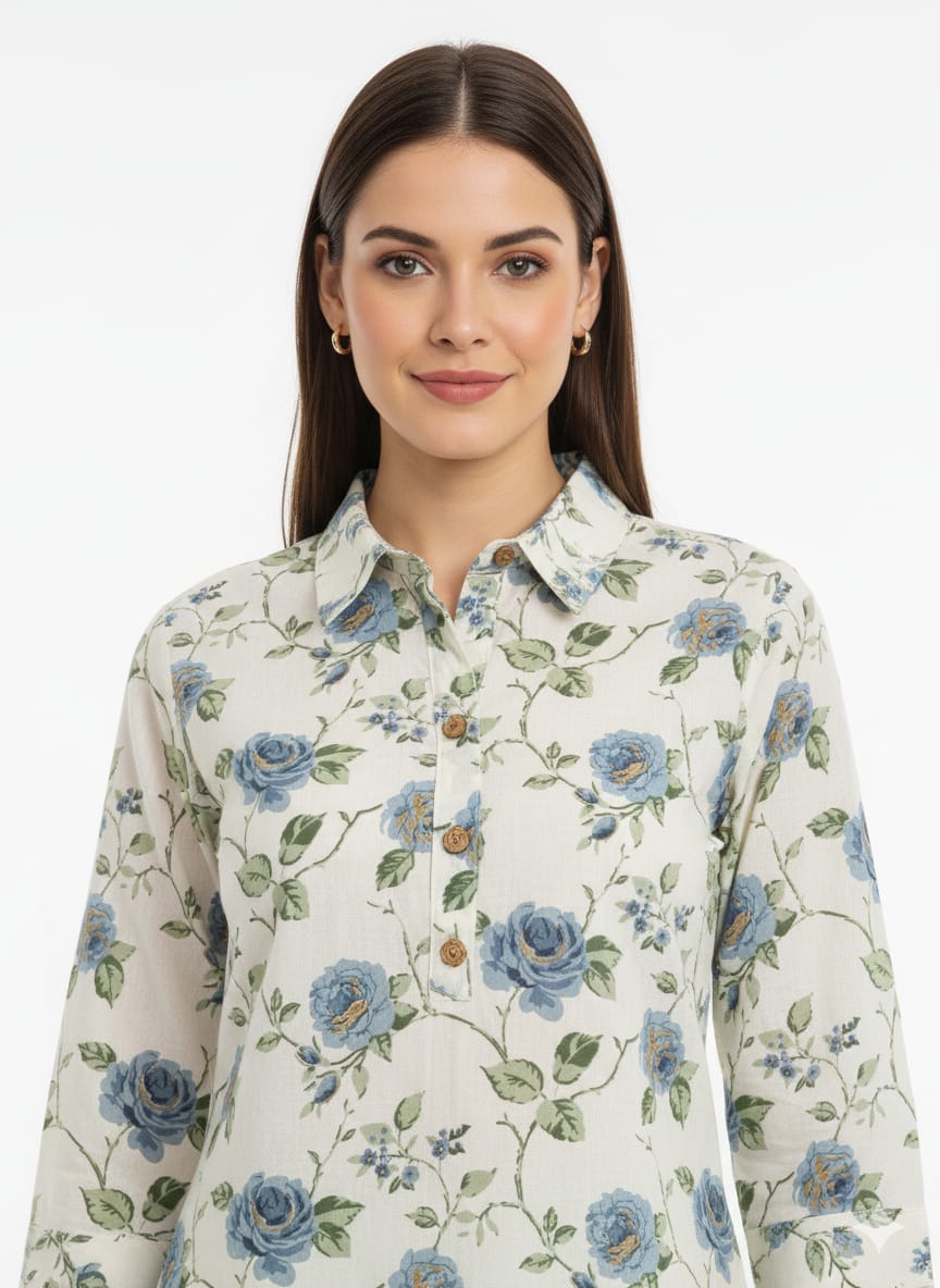 Kapdu Pure Cotton  Blue Floral Off white Co-Ord set