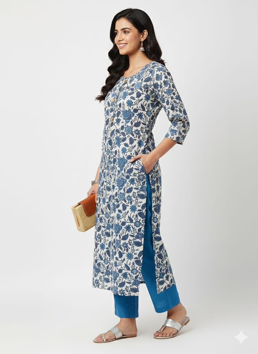 Kapdu Pure Cotton  Navy Blue Round Neck Kurti