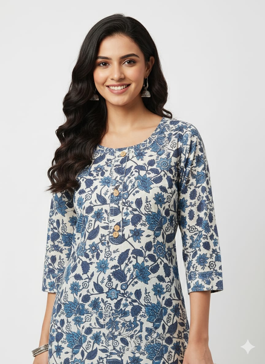 Kapdu Pure Cotton  Navy Blue Round Neck Kurti