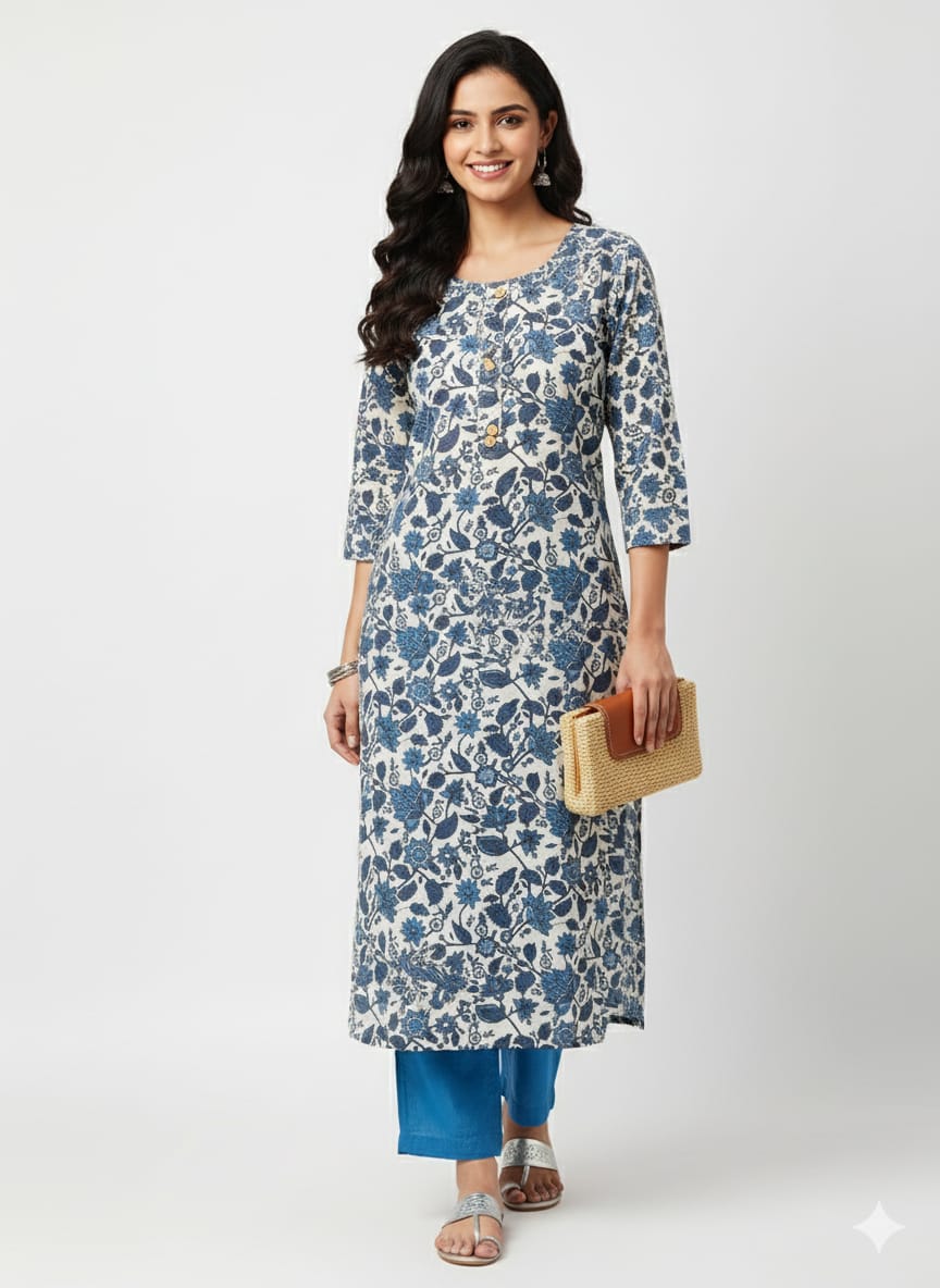 Kapdu Pure Cotton  Navy Blue Round Neck Kurti