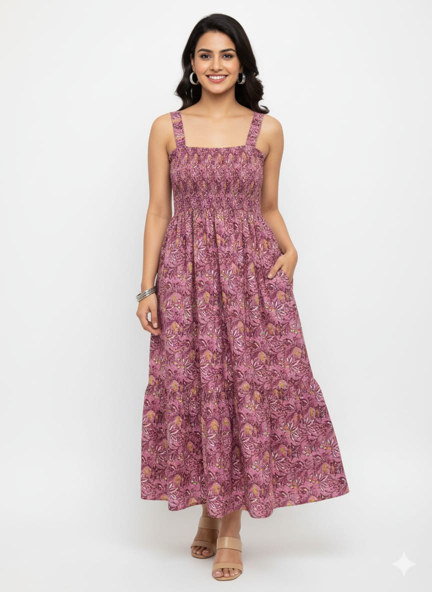 Kapdu Pure Cotton Wine Long Bobbin Calf Length Dress