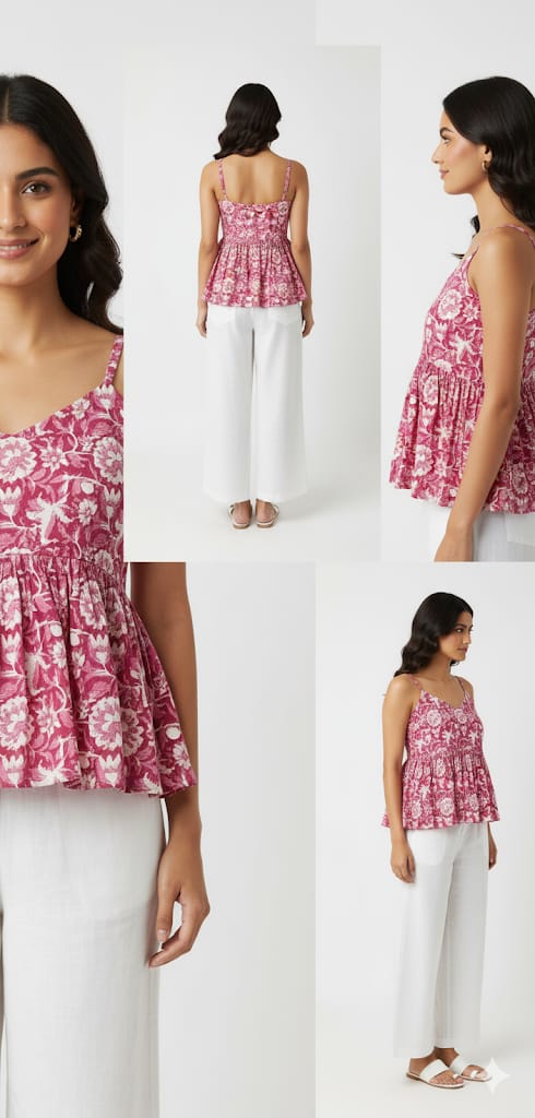 Kapdu Pure Cotton Pink Floral Strap Top